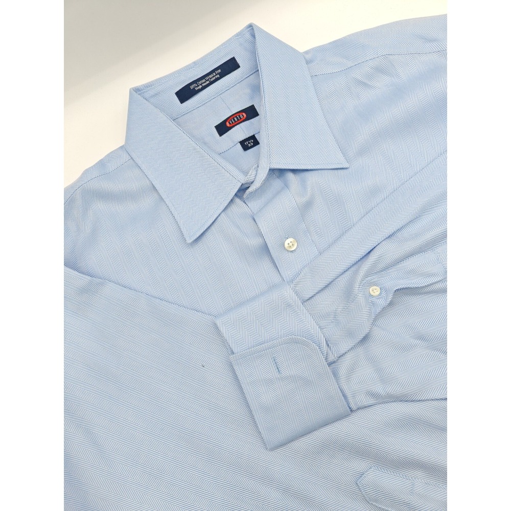 Overton Mens 17.5x33 Blue 100% Cotton French Cuff Herringbone Dress Shirt